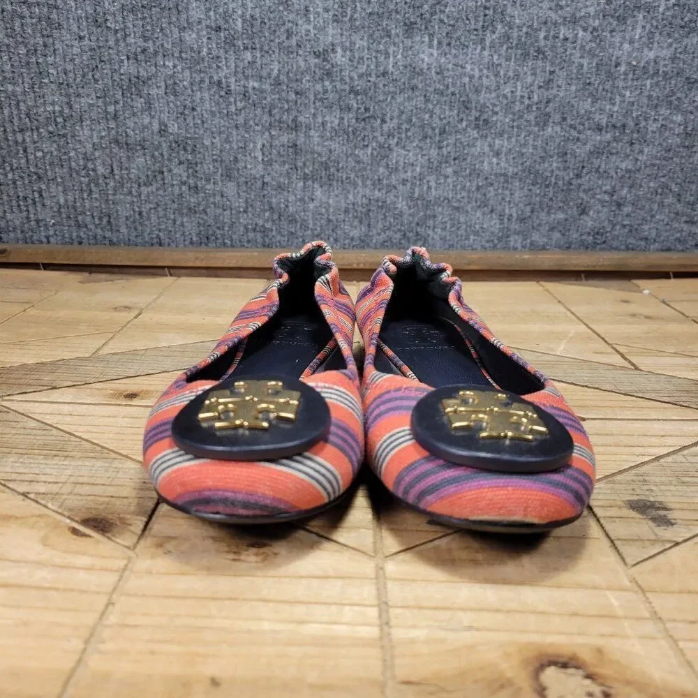 Tory Burch Reva‎ Bauer 5.5M Ballet Flats Slip On Shoes Red Multi Stripe Canvas